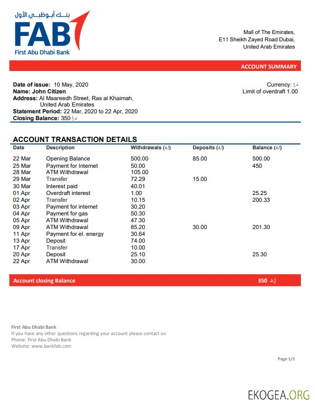 Premier relevé bancaire des Émirats arabes unis à Abu Dhabi, modèle facile à remplir au format Word et PDF